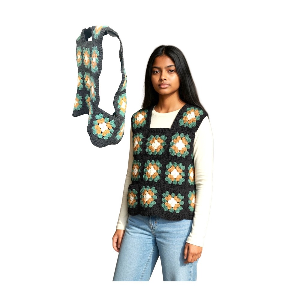 Handmade Crochet Granny Square Vest Black Green Orange Boho Hippie‎ 70s Retro